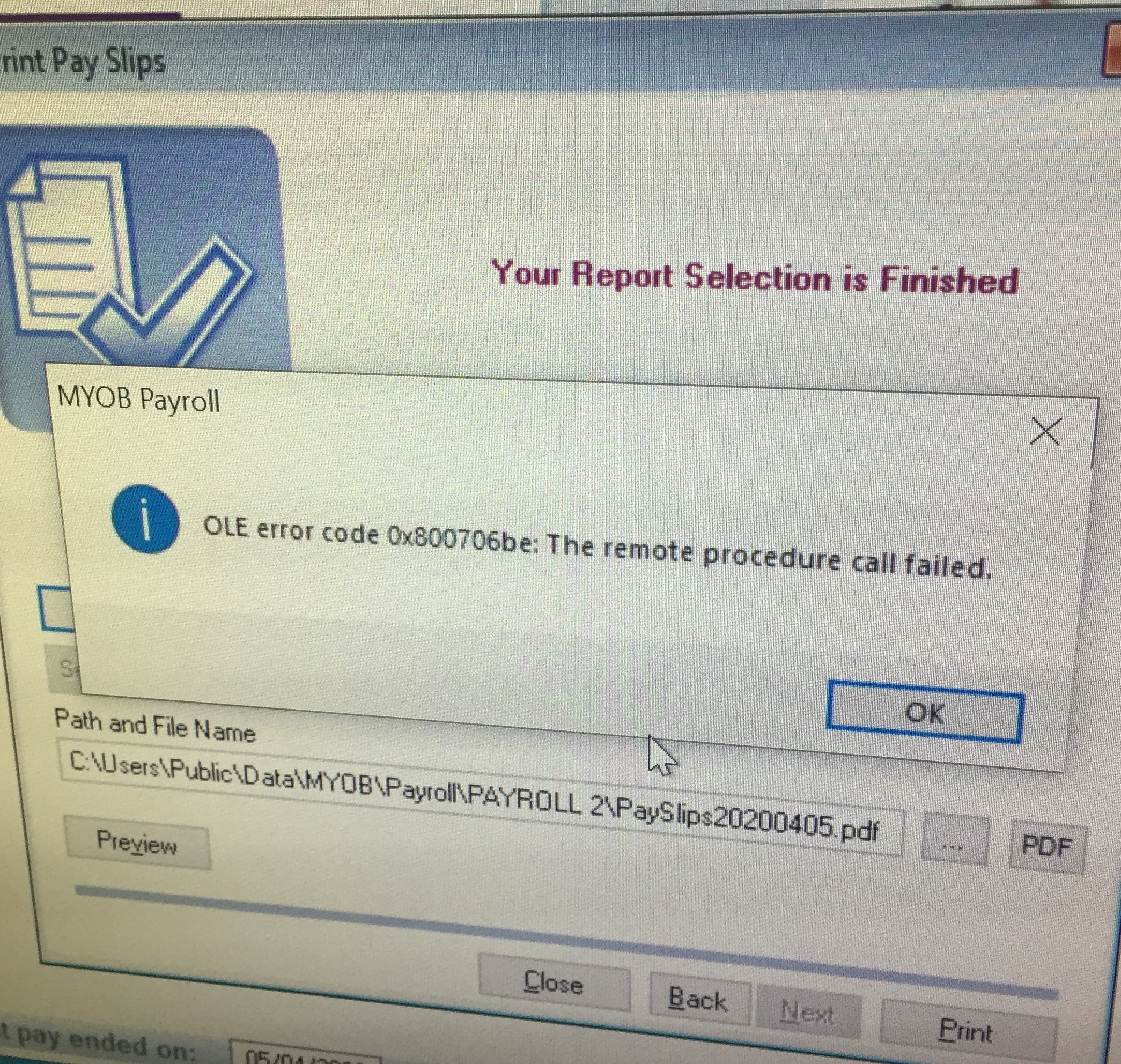 OLE error code 0x800706be The remote procedure ca... MYOB Community