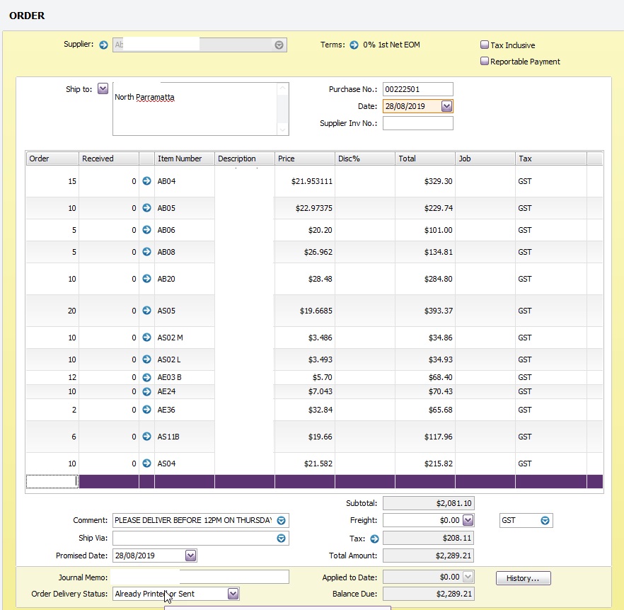 Purchase Order Type Mismatch | MYOB Community