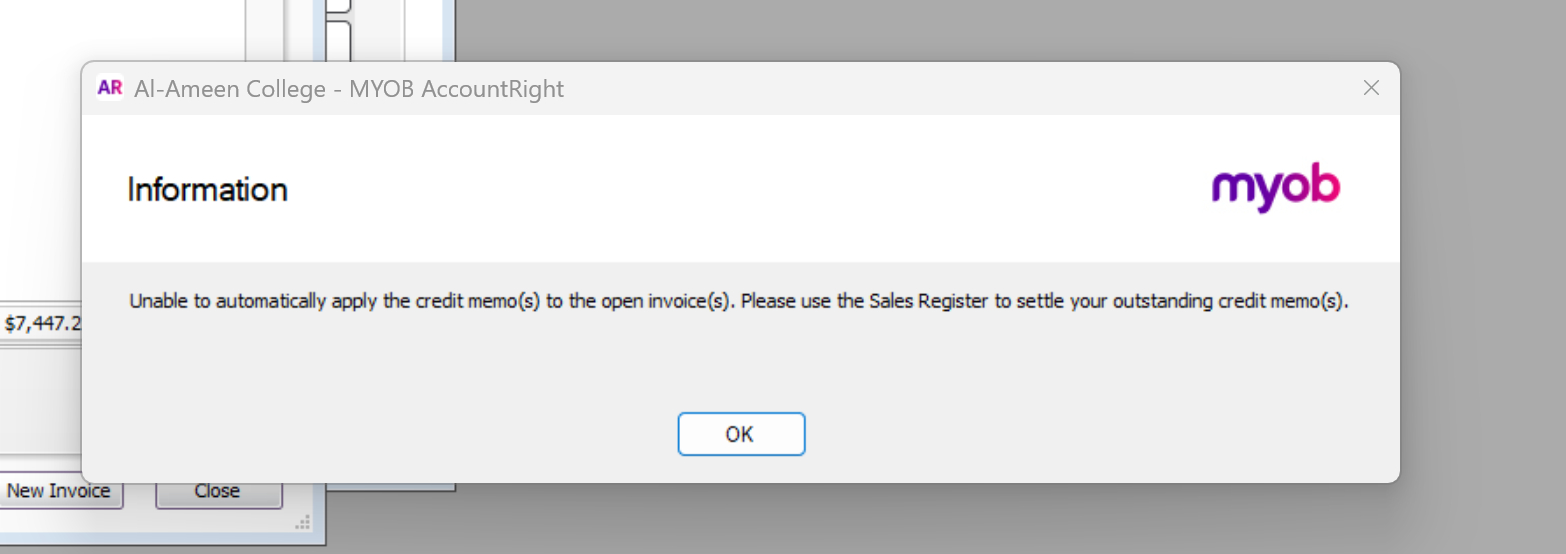 Myob Credit Note Error while applying credit note to open invoice | MYOB Community