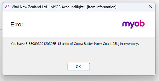 Numbers Inventory Error Inventory Units on Hand Error (5.6899E-15) | MYOB Community