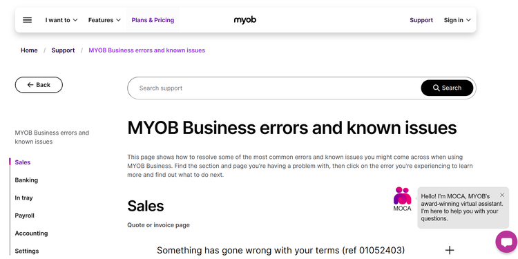 MYOB known errors section