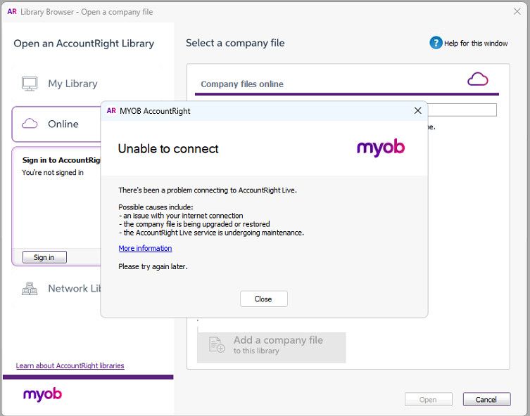 Can not open MYOB online datafile. Error: Unable to connect | MYOB ...