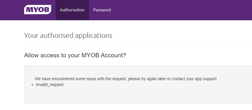 Error when authorize the application | MYOB Community
