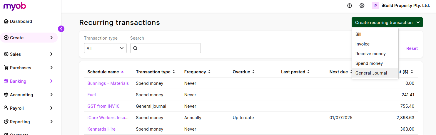 Recurring Transfer Transactions | MYOB Community